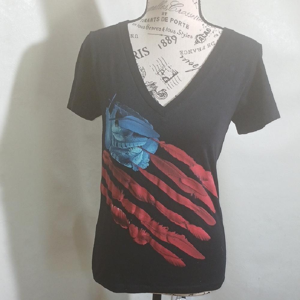 5.11 Tactical Women's V-Neck Black Top with Red and Blue Feather Design Size S